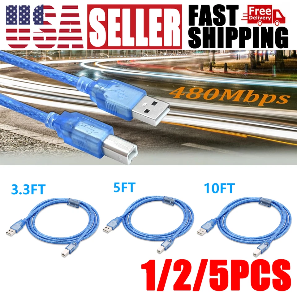 USB 2.0 A to B Printer Cable For Dell HP Brother Canon Epson Scanner 1/2/5PCS - Image 1 of 4