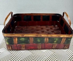 Vintage handgewebter Holzkorb - rot & grün rustikal Aufbewahrung Dekor - 20" lang  - Bild 1 von 6