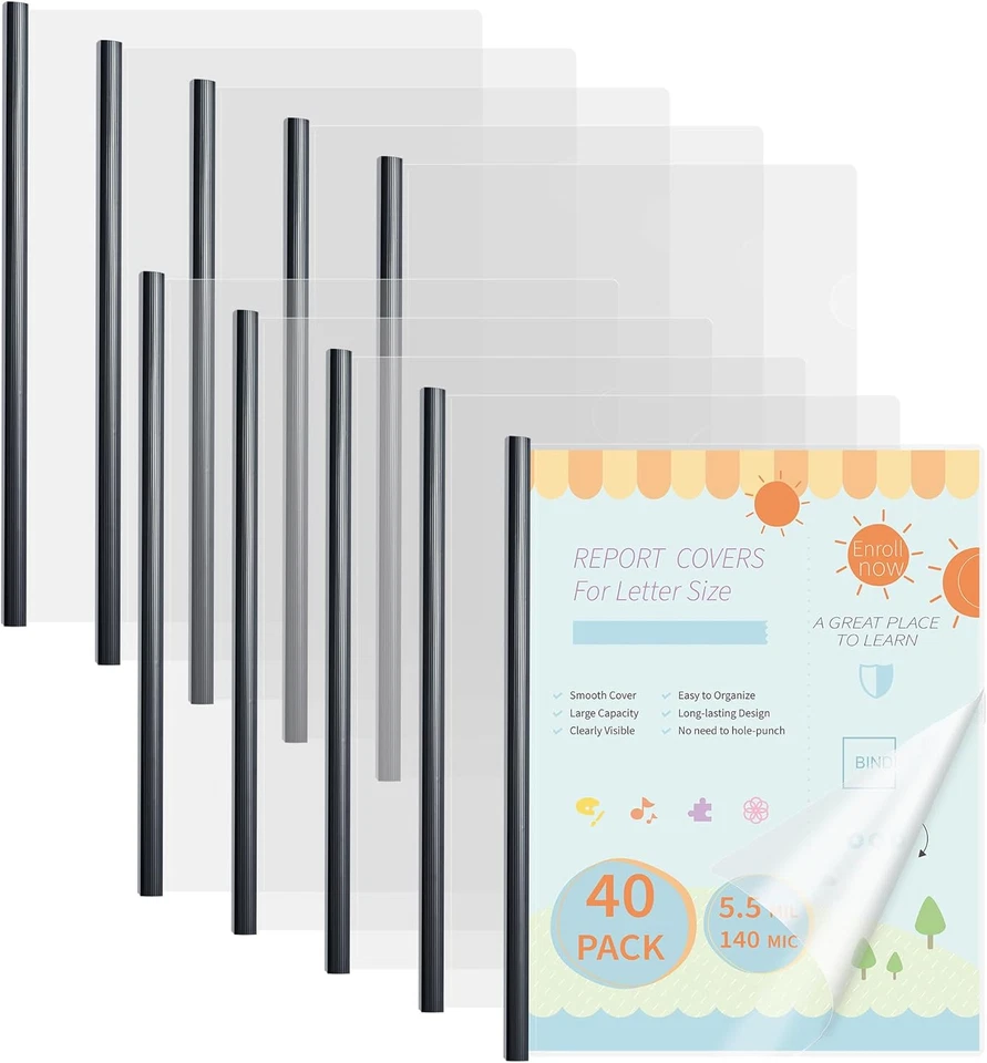 40件装透明报告盖带黑色滑动条,70张容量,9米绑定 — 第 1/4 张图片