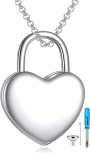 Heart Lock Urn Necklace for Ashes Sterling Silver Cremation Jewelry Women Men - Picture 1 of 6
