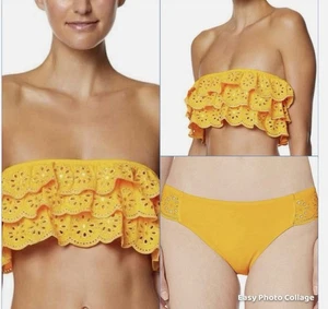 Avec Les Filles Gold Eyelet Ruffle Bandeau Swim Bikini Set Top And Buttom Size S - Picture 1 of 5
