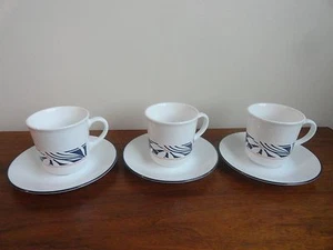 CORELLE Nocturne Cups Saucer Sets Flowers White Navy Blue Band Mugs Corning USA - Picture 1 of 8