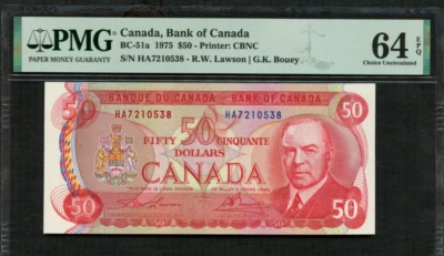 1975  CANADA **50 DOLLAR**  BC-51a CHOICE UNC **PMG 64EPQ**FREE SHIPPING** 0223 - Image 1 of 2