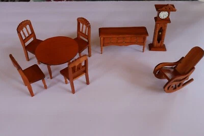 Wooden Dollhouse 8PC Furniture Set: Table, Chairs, Clock, Rocking Chair, Dresser - Image 1 of 4