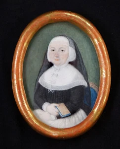 ANTIQUE PORTRAIT MINIATUR MALEREI KLOSTERFRAU NONNE BIBEL UM 1760-1790 SELTEN @@ - Bild 1 von 2