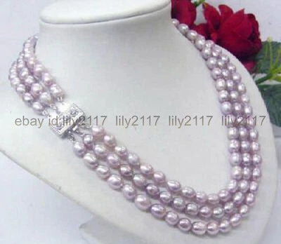 Collar con broche de cristal chapado en oro blanco cuentas de arroz perlas moradas de 9-10 mm 3 filas Foto 1 de 4