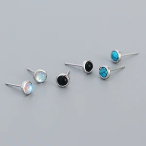 925 Sterling Silver Round Turquoise Moonstone Onyx Bezel Stud Earrings 5mm PE21 - Picture 1 of 15