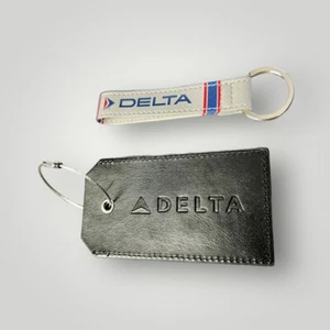 Delta Air Lines Luggage Tag Vegan Leather Strap & Black Name Tag Set Of 2 New - Picture 1 of 4