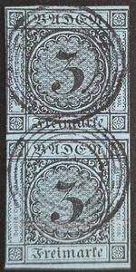 BADEN GERMANY 1858 Used 3 Kr Blue Vertical Pair Michel #8 CV €200 SIGNED VF - Picture 1 of 2