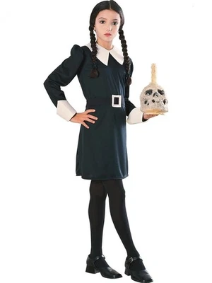 Disfraz Addams Family Child Wednesday Addams Mediano Negro Blanco Vestido de Halloween Foto 1 de 4