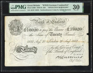 WWII Operation Bernhard Counterfeit £20 Pounds 20 Aug. 1932 PMG VF 30 Pick-330B - Picture 1 of 2
