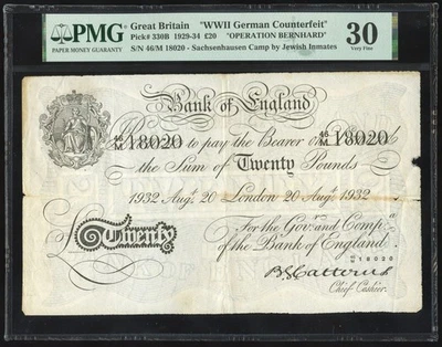 WWII Operation Bernhard Counterfeit £20 Pounds 20 Aug. 1932 PMG VF 30 Pick-330B - Image 1 of 2