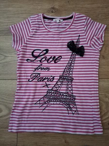 Bluezoo Girls Size 7-8 Years Pink & White Striped Paris Theme Tshirt - Picture 1 of 7