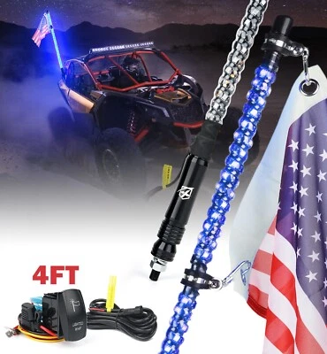 Blue 4FT LED Whip Remote RGB Chasing Antenas Light For Polaris RZR 900 UTV ATV - Изображение 1 из 4