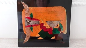 Vietnamese Lacquer Painting On Board Kids Buffalo Mixed Materials Artist Signed - Imagen 1 de 5