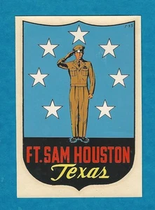 VINTAGE ORIGINAL 1947 SOUVENIR "FORT SAM HOUSTON" TEXAS REISEN WASSER AUFKLEBER KUNST - Bild 1 von 1