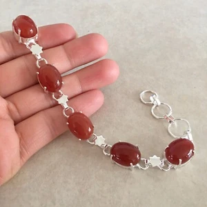 NATÜRLICHES OVALES ORANGE ROTES KARNEOL 925 STERLINGSILBER GLIEDERKETTENARMBAND 8" - Bild 1 von 4