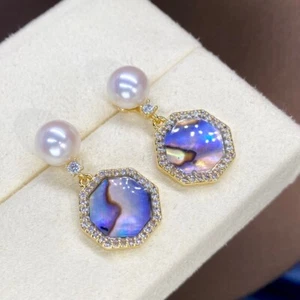 Natural White 6-7mm Freshwater Pearl Abalone Shell Earrings - Picture 1 of 5
