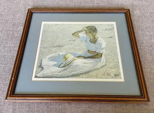 White Dress oil painting by Thomas R. Dunlay Small Print Girl On Beach Art. - Picture 1 of 11