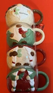 St. Nicholas Square Christmas Mugs Gnomes Stacking Set Of 4 Cups Hand Painted - Picture 1 of 9