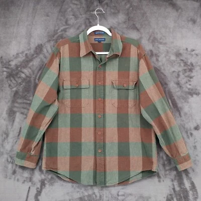 John Ashford Flannel Button Shirt Green Brown Plaid Cotton Long Sleeve Men Large - Image 1 of 4