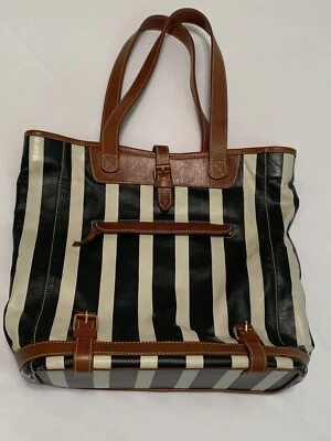 Bolso de Mano Holding Horses from Anthropologie Azul Marino Blanco Rayas Borde Marrón (McA) Foto 1 de 4