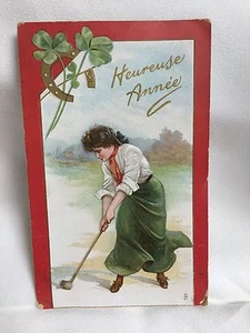 Woman Golfer 1911-1912 New Year Post Card/Horseshoe & Clover~Tuck Series 140~PC1 - Picture 1 of 12
