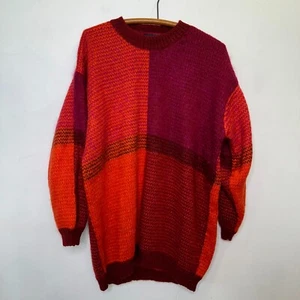 Vintage Women's Paul Harris Red Colorblock Chunky Knit Mohair Sweater Size Large - Picture 1 of 5