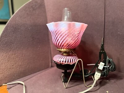 Antique Fenton Cranberry Swirl Opalescent Hanging Wall Oil Lamp Electrified - Image 1 of 4