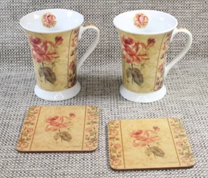 Set of 2 Pimpernel Fine Porcelain Mugs with Coasters Floral Pattern 300ml - Picture 1 of 11