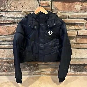 True Religion Faux Fur Trim Black Puffer Jacket - Picture 1 of 9