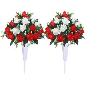 Set of 2 Artificial Cemetery Flowers with Vase,Grave Memorial Flowers,Artific... - Picture 1 of 6