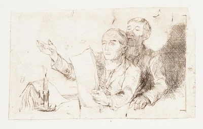 A. SCHINNERER (*1876), Zwei Figuren mit Schriftstück, um 1940, Rad. Expressionis - Bild 1 von 4