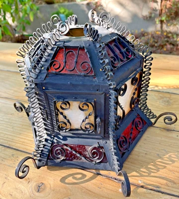 Antique Gothic Spanish Revival Curly Wrought Iron Slag Glass Light Lamp Shade - Image 1 of 4