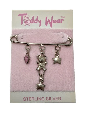 Teddy Wear Girl 925 Sterling Silver Teddy Bear Hearts & Stars Diaper Safety Pin  - Image 1 of 3