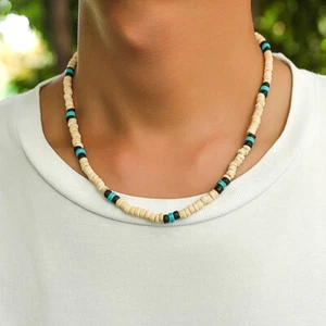 Boho Surfer Necklace for Men – Coconut Shell & Turquoise Beads – 18"+2" - Picture 1 of 6