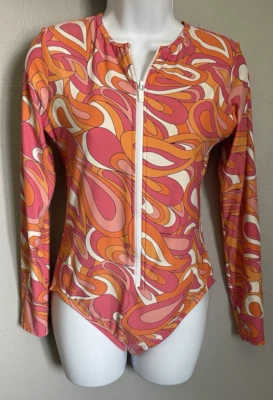 Michael Kors Front Zip Long Sleeve One Piece Swimsuit Women 12 Retro Pink Orange - Image 1 of 4