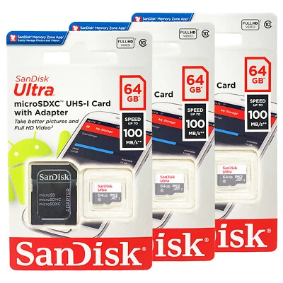 Tarjeta SanDisk Ultra MicroSD 64GB UHS-I Clase 10 con adaptador 100Mb/s Lote de 3 paquetes Foto 1 de 3