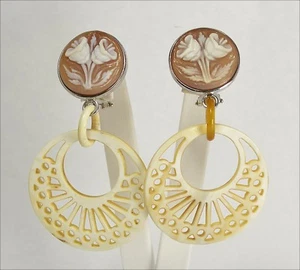 ORECCHINI IN ARGENTO 925 CON CAMMEI IN SARDONICO FIORI E CORNO AGHT  0164 - Foto 1 di 3