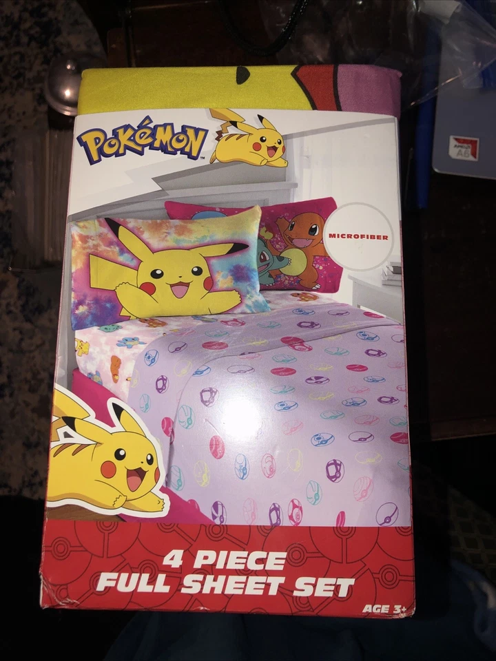Juego de cama para niños 4 piezas Pokemon tamaño completo juego de sábanas Pickachu Charmander Foto 1 de 4