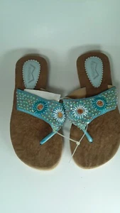 Sandals Women's 8.5 Madness Embellished Turquoise Fabric Thong Style - Picture 1 of 3