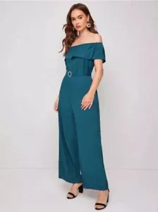 Off The Shoulder Belted Culottes Jumpsuit - Picture 1 of 9