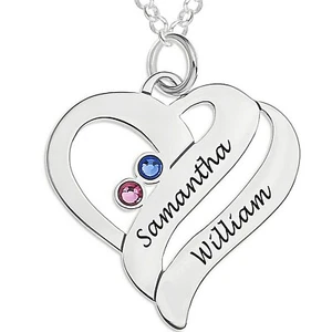 Collar Familiar Personalizado CUALQUIER 2 NOMBRES + 2x Piedras de Nacimiento Colgante Plata Esterlina - Imagen 1 de 14