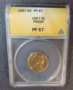 PROOF 1957 JEFFERSON NICKEL ANACS GRADED PF 67!!! NICE!!! - Picture 1 of 2