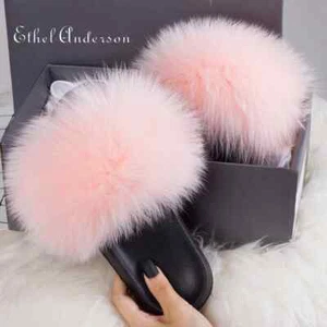 Pantofole in vera pelliccia di procione di volpe scivoli colore dolce sfocato nuove scarpe soffici peluche - Foto 1 di 37