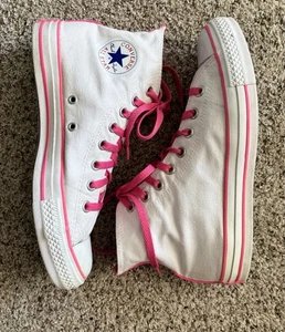 CONVERSE Chuck Taylor All Star High Tops Mens 8 Women’s 10 White W Pink Trim - Picture 1 of 13