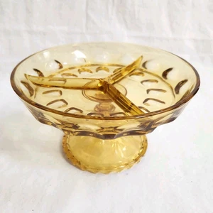 Vintage Hazel Atlas Yellow Amber Glass Thumbprint Divided Candy Dish Pedestal - Picture 1 of 9