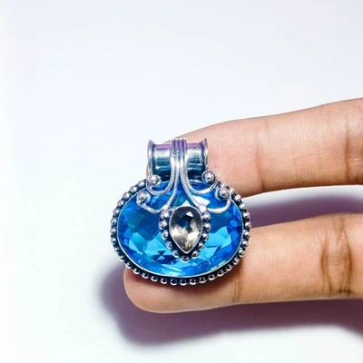 Natural Blue Topaz and Smoky Quartz Gemstone 925 Sterling Silver Pendant 1.2" - Image 1 of 4