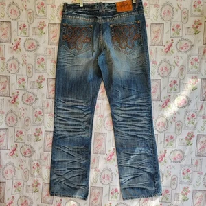 AKOO Men's Distressed Blue Denim Jeans Embroidered Pockets Hip Hop Streetwear 34 - Picture 1 of 9
