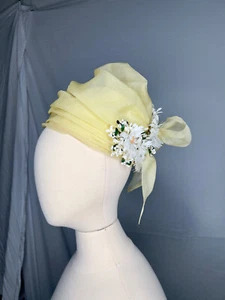 1960s Yellow Silk Organza Bubble Hat Flowers & Bow Emme Boutique by Frank Olive - Picture 1 of 10